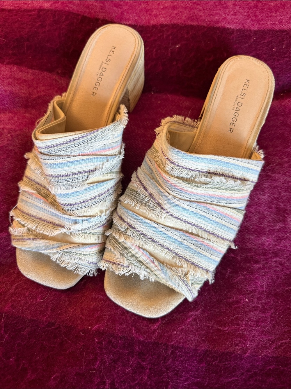Kelsi Dagger Beige Frayed Multicolor Stripe Slide Mules